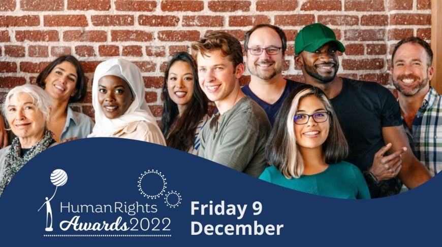 A group of people in front of a brick wall smiling. Human Rights Award logo on a blue background. 