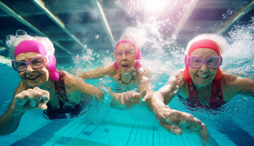 Three older women swimming in a swimming pool.