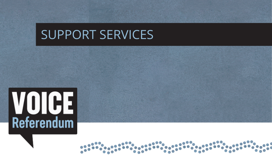 Voice Referendum - Support services banner with blue background and blue Indigenous motif