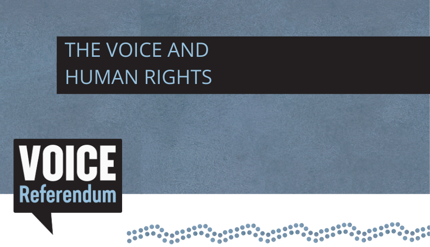 Voice Referendum - 'the Voice and human rights' banner with blue background and blue Indigenous motif