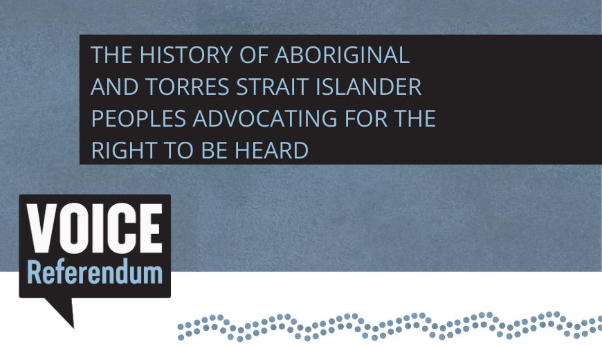Voice Referendum - 'the history of Aboriginal and Torres Strait Islander peoples advocating for the right to be heard' banner with blue background and blue Indigenous motif