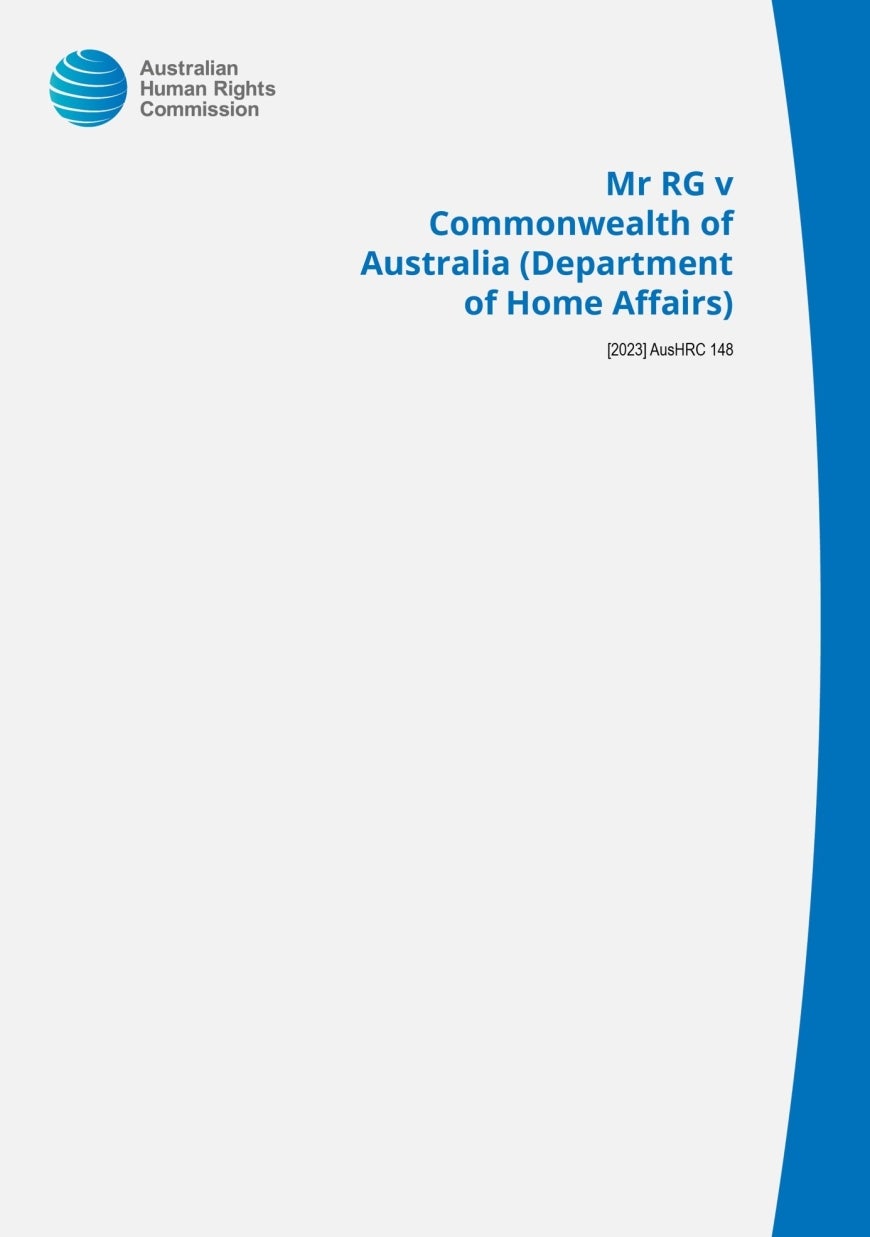Cover of Australian Human Rights Commission report Mr RG v Commonwealth