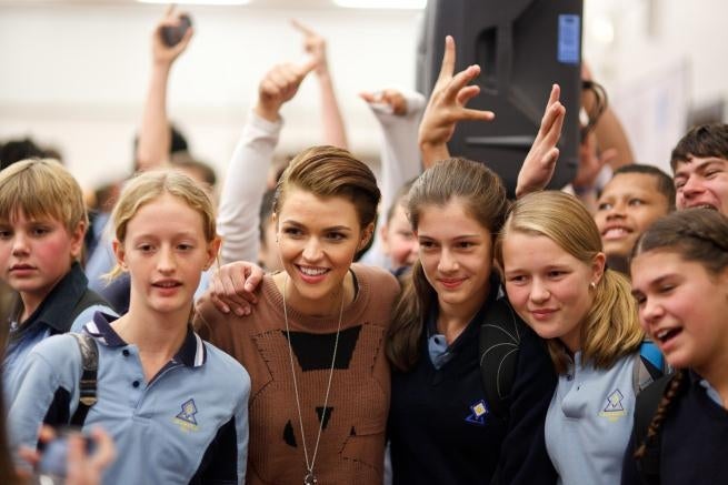 Celebrity Ruby Rose and students from Sydney Secondary College post for a photo as part of the Back Me Up anti-bullying campaign