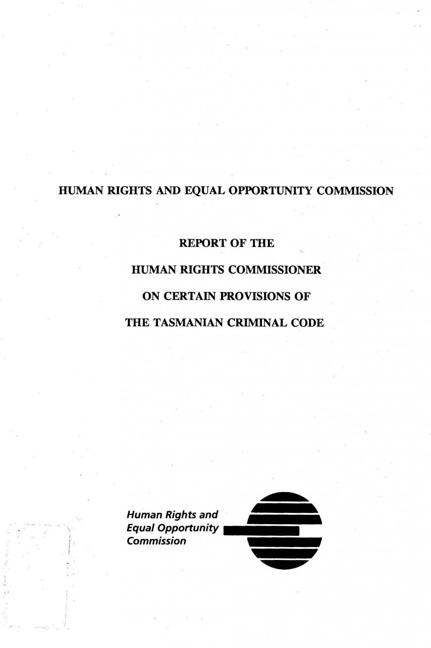 Cover of Report of the Human Rights Commissioner on certain provisions of the Tasmanian Criminal Code
