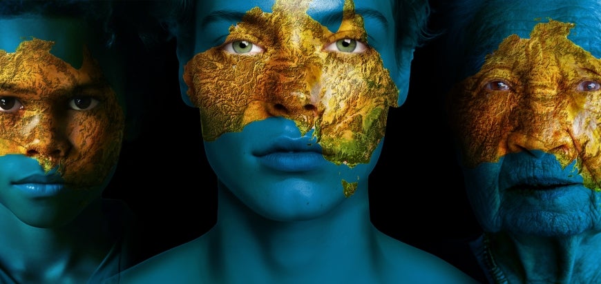 three blue face with map of Australia laid over them
