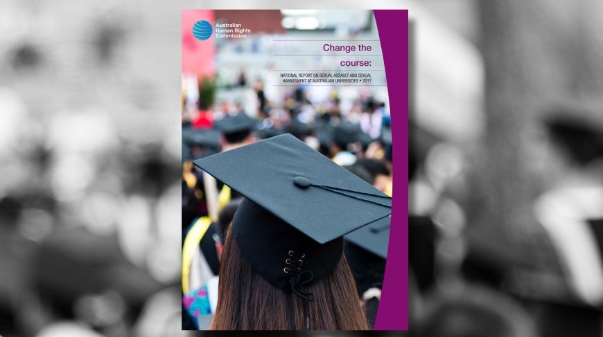 Woman graduating from uni, cover of Change The Course: National Report on Sexual Assault and Sexual Harassment at Australian Universities (2017)