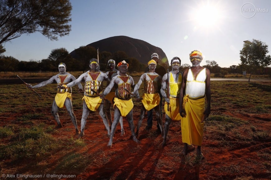 Gumatj clan ceremonial leaders of Northeast Arnhem Land at Uluru for the First Nations National Convention