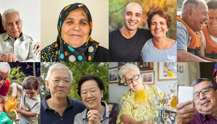 a compilation of faces of older people from various cultural backgrounds