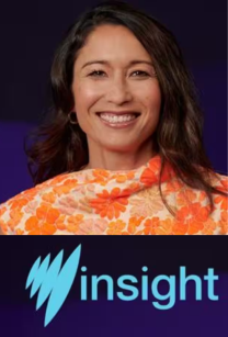 headshot of woman with long dark hair wearing an orange floral top with SBS Insight logo underneath