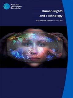 Human Rights and Technology discussion paper 2019. Woman with hightech headsup display