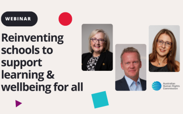 Text reads: "Reinventing schools to support learning and wellbeing for all" with three professional headshots of Anne Hollonds, Pasi Sahlberg and Sharon Goldfeld