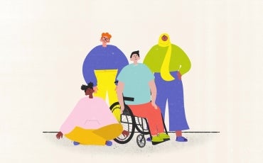 Four young people in an illustration. Two people are standing, one is sitting on the ground, and one is sitting in a wheelchair.