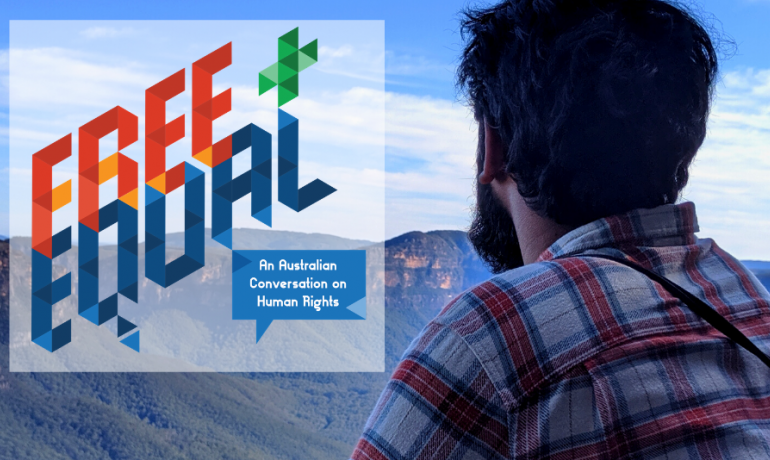 'Free and Equal' logo on top of a photo of a man looking out at mountains