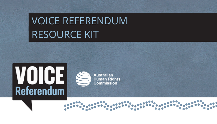 Voice Referendum - 'Understanding the referendum from a human rights perspective' banner with blue background and blue Indigenous motif