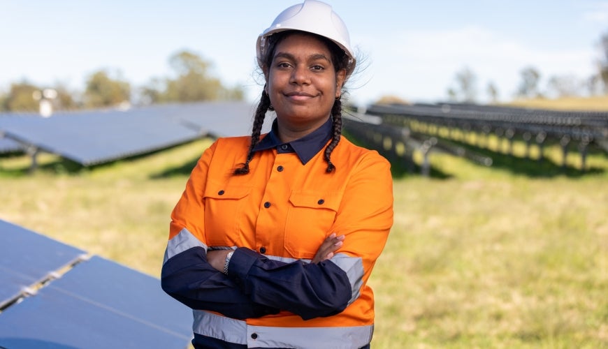 Female Aboriginal Australian Worker on Solar Farm wearing Hi-Vis Workwear