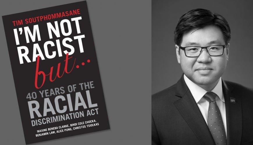 Dr Tim Soutphommasane with the cover of his book &quot;I&#039;m not racist but...&quot;