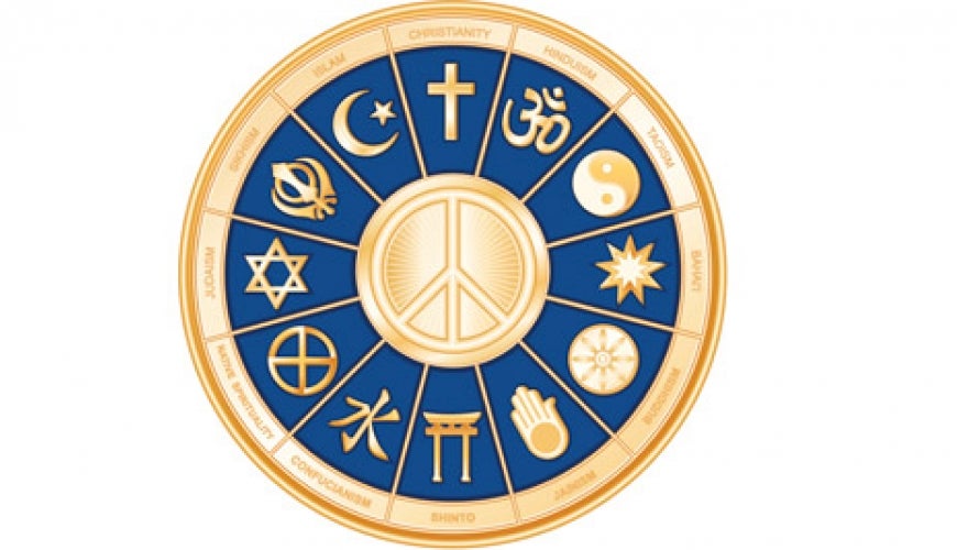 Peace dove surrounded by symbols of world religions