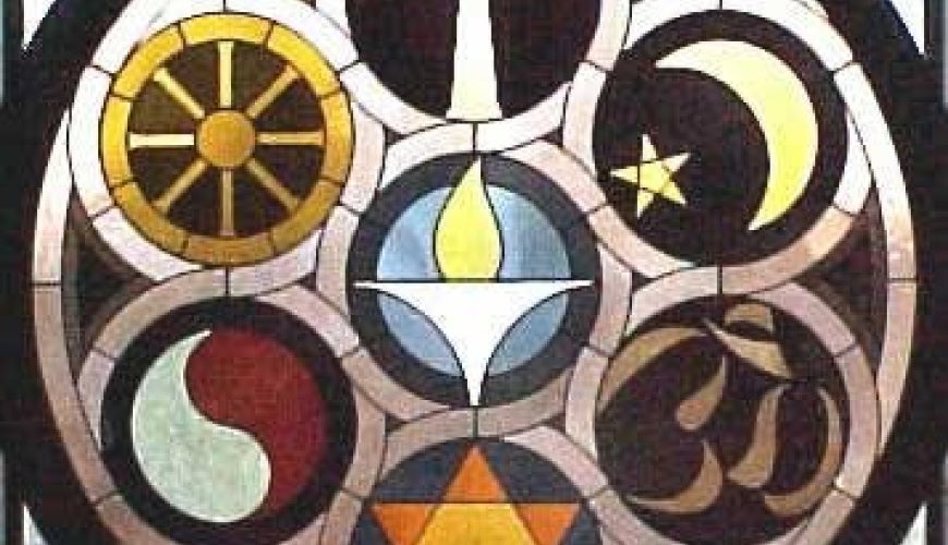 Photo: Stained glass representing many religions, Christianity, Taoism, Hindu, Buddhist, Judaism, Islam