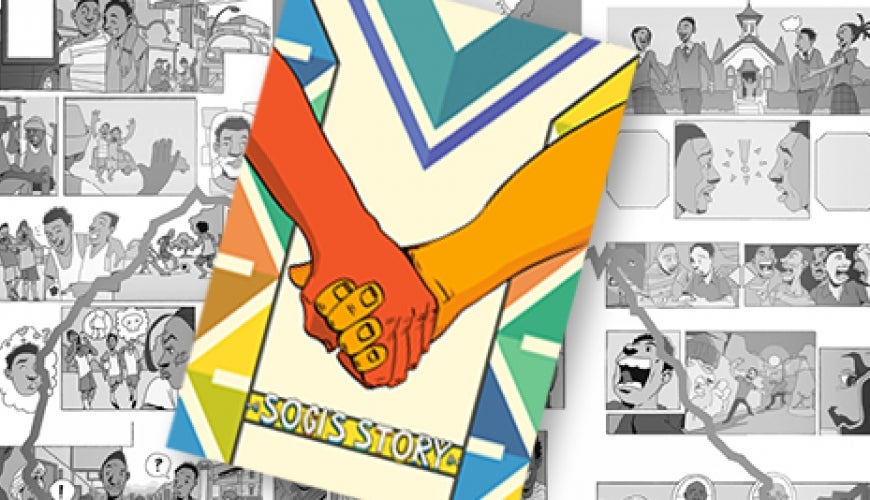 Sogi Story - comic cover of two males holding hands over a background of comic panels