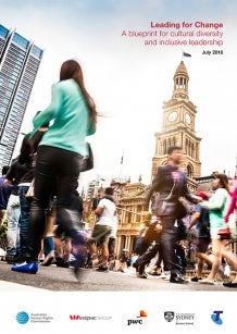 Cover of Leading for Change Report (2016) - multi-cultural people walking around CBD area