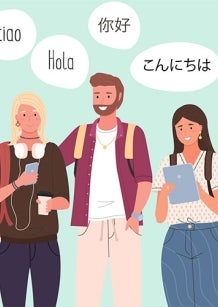 cartoon of students saying 'hello' in diverse languages