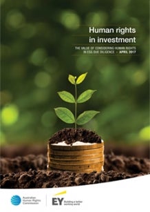 ‘Human rights in investment’ cover - plant growing out of pile of coins