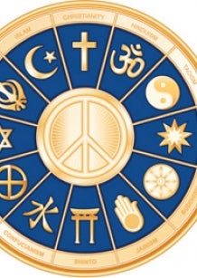 Peace dove surrounded by symbols of world religions