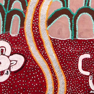 Traditional Aboriginal painting, small figures in wheelchairs seen among the dots and lines. Tracks in the Sand - Artwork by Brendan Ball