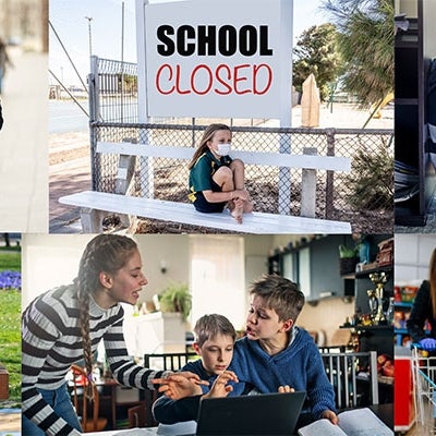 Collage of children of all ages wearing masks, walking, shopping, crying. A sign "school closed"