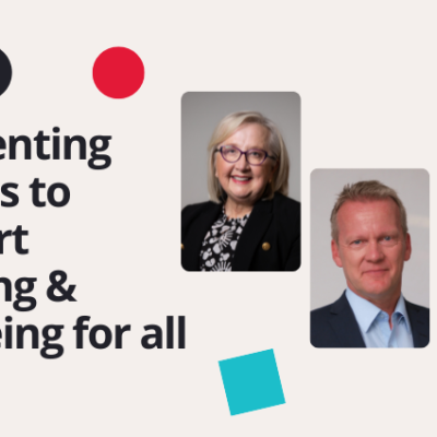 Text reads: "Reinventing schools to support learning and wellbeing for all" with three professional headshots of Anne Hollonds, Pasi Sahlberg and Sharon Goldfeld
