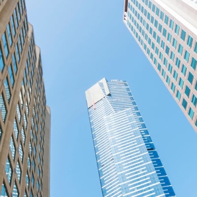 High rise hotels against a blue sky