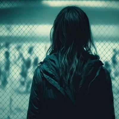 A woman standing in front of a chain-link fence