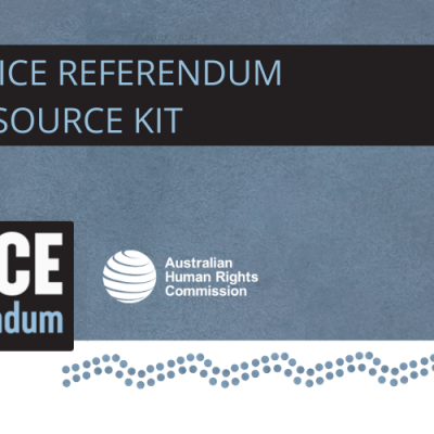 Voice Referendum - 'Understanding the referendum from a human rights perspective' banner with blue background and blue Indigenous motif