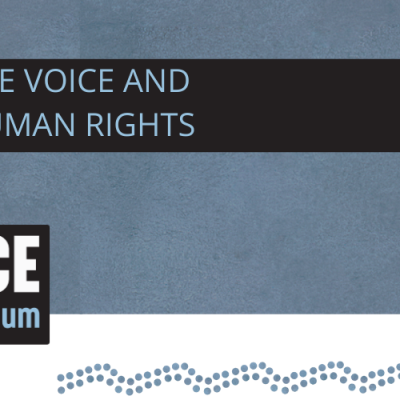 Voice Referendum - 'the Voice and human rights' banner with blue background and blue Indigenous motif