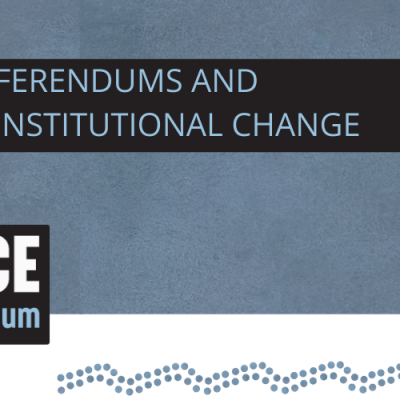 Voice Referendum - 'Referendums and constitutional change' banner with blue background and blue Indigenous motif