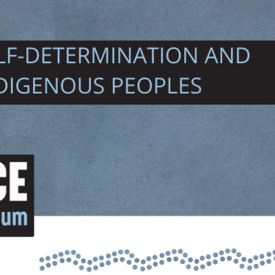 Voice Referendum - 'Self-determination and Indigenous peoples' banner with blue background and blue Indigenous motif