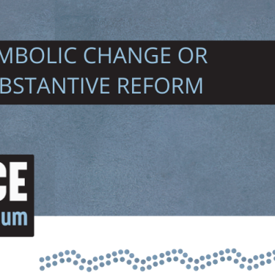 Voice Referendum - 'Symbolic change or substantive reform' banner with blue background and blue Indigenous motif
