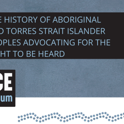 Voice Referendum - 'the history of Aboriginal and Torres Strait Islander peoples advocating for the right to be heard' banner with blue background and blue Indigenous motif