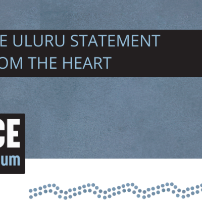 Voice Referendum - 'the Uluru Statement from the Heart' banner with blue background and blue Indigenous motif