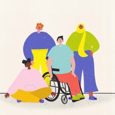 Four young people in an illustration. Two people are standing, one is sitting on the ground, and one is sitting in a wheelchair.