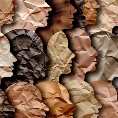 Illustration of blank faces made from paper of different colours and textures 
