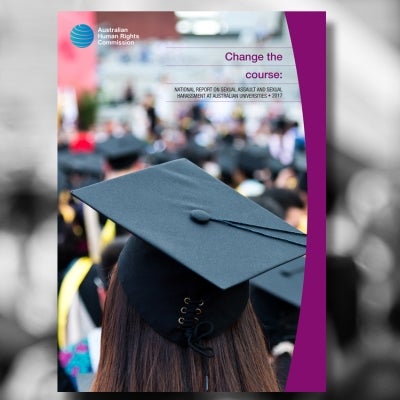 Woman graduating from uni, cover of Change The Course: National Report on Sexual Assault and Sexual Harassment at Australian Universities (2017)