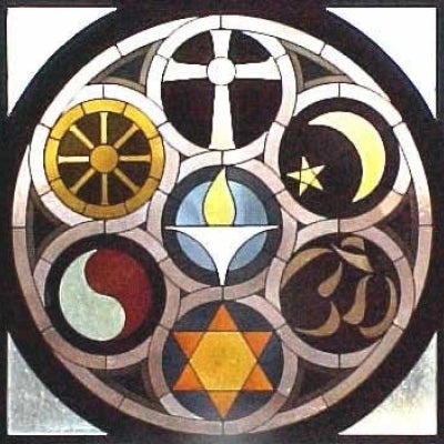 Photo: Stained glass representing many religions, Christianity, Taoism, Hindu, Buddhist, Judaism, Islam