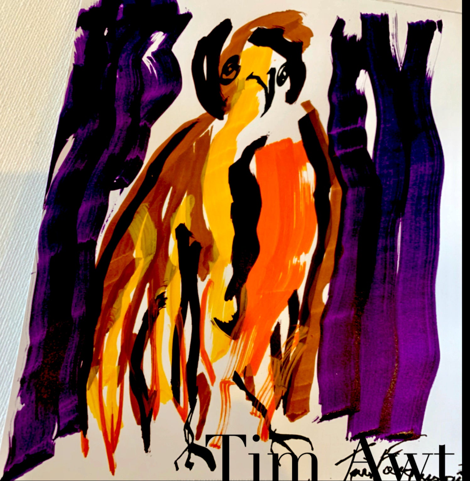 Image of Tim's artwork. An owl with broad brush strokes orange, yellow and brown. Either side of the owl are long purple and black brush strokes